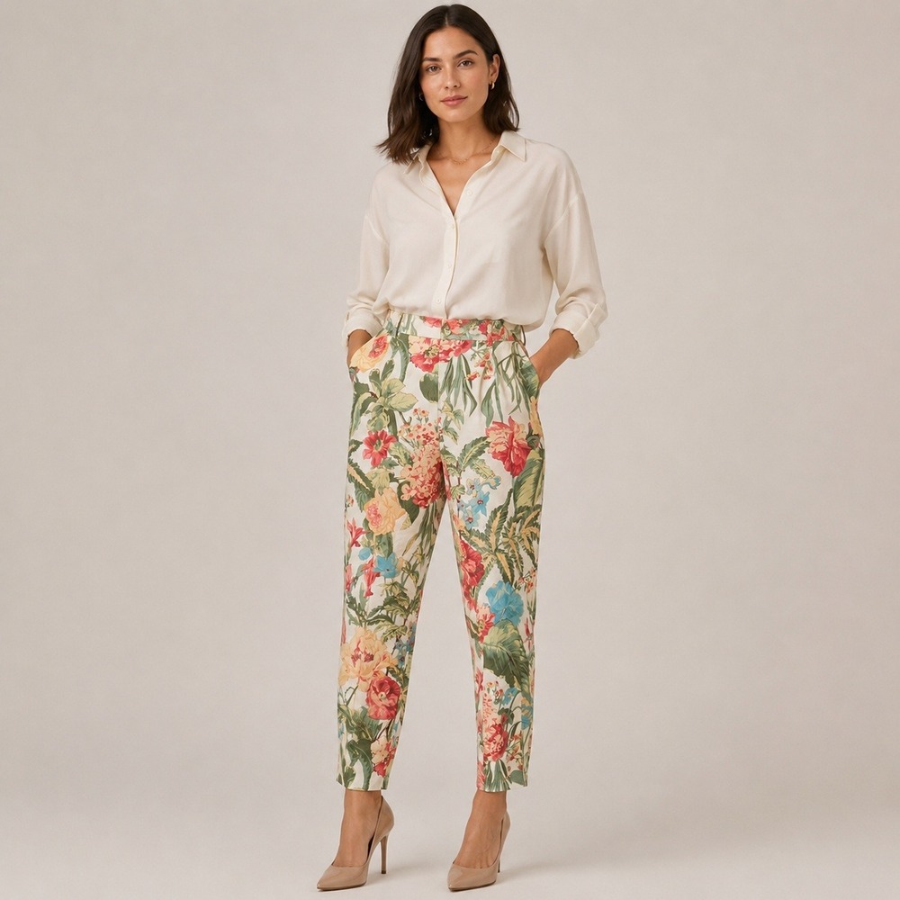 Vintage Career Jones New York Country Floral Linen Blend Tapered Pants Sz 14